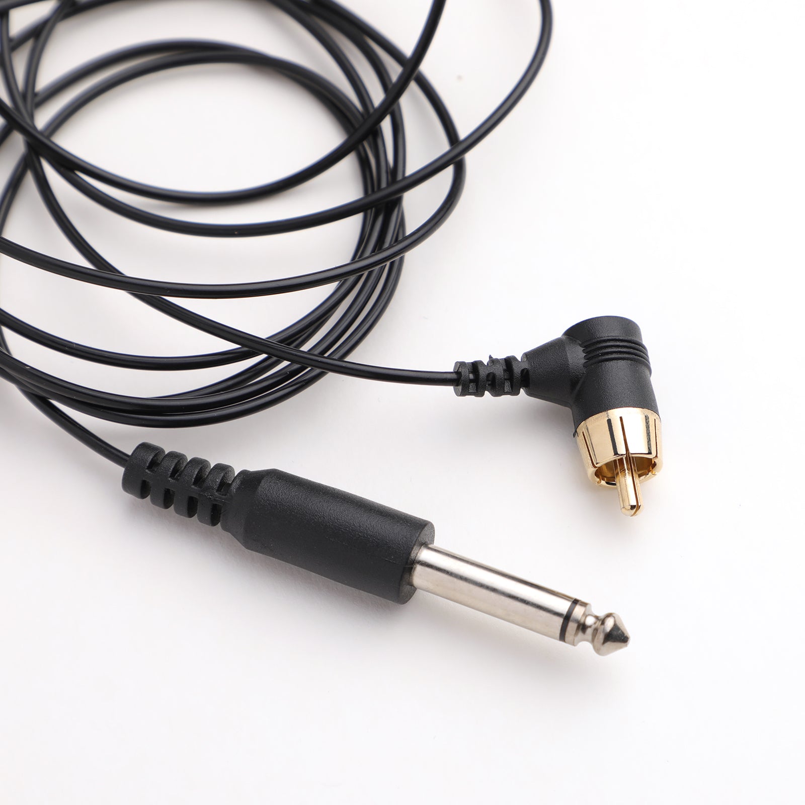 CNC P333 High Quality RCA Cord. Black cable with a straight 6.3mm jack on one end and a right-angled RCA plug on the other.