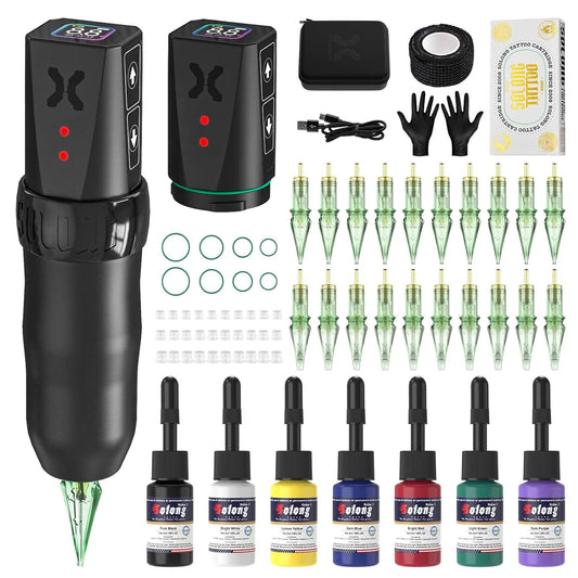 E78 Tattoo Kit Tattoo Machine with Two 1600mAh Batteries LED Display Tattoo Gun 20PCS Tattoo Cartridge Needles and 7PCS Ink