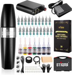 STIGMA Tattoo Machine Kit EM123 Rotary Tattoo Pen with 20PCS Cartridges & 7 Color Inks