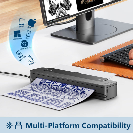 CNC T106 Bluetooth Tattoo Stencil Printer with multi-platform compatibility: Windows, Mac, iOS, iPad, Chrome OS, Android, and Linux.