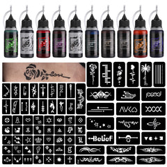 Kit de tatuaje temporal STIGMA, 10 botellas de tintas de color y 84 plantillas
