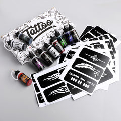 Kit de tatuaje temporal STIGMA, 10 botellas de tintas de color y 84 plantillas