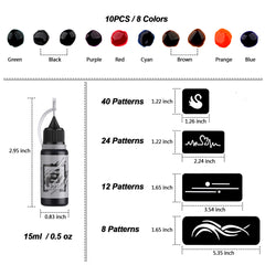 STIGMA  Temporary Tattoo Kit 10 Bottles Color Inks & 84 Pcs Stencils