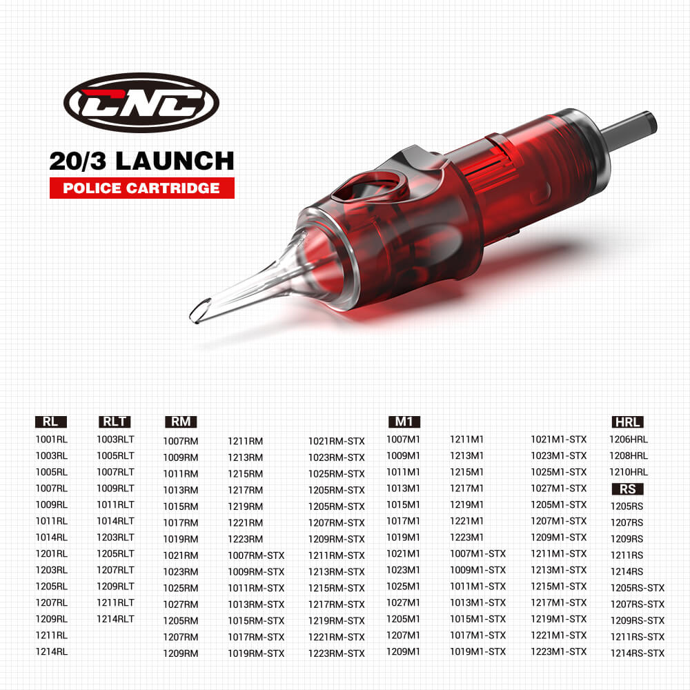 CNC 20/3 Launch Police tattoo cartridge product image, with a close-up of the red translucent cartridge at the top, and a list of available configurations like RL, RLT, RM, M1, HRL, RS at the bottom.